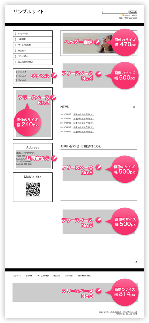 トップページ編集ーシンプルタイプ１ コムログクラウド活用法 フリー素材 コムログクラウド 安くて簡単 中小企業様向け 効果的なホームページ制作ツール 無料ssl付